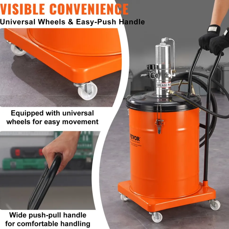 VEVOR Grease Pump, 10.5 Gallon 40L Air Operated Grease Pump with 13 ft High Pressure Hose and Grease Gun, Pneumatic Grease Bucket Pump with Wheels, Portable Lubrication Grease Pump 50:1 Pressure Ratio