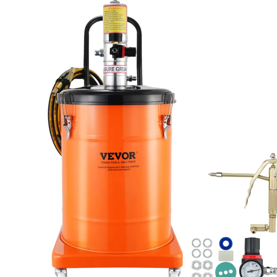 VEVOR Grease Pump, 10.5 Gallon 40L Air Operated Grease Pump with 13 ft High Pressure Hose and Grease Gun, Pneumatic Grease Bucket Pump with Wheels, Portable Lubrication Grease Pump 50:1 Pressure Ratio