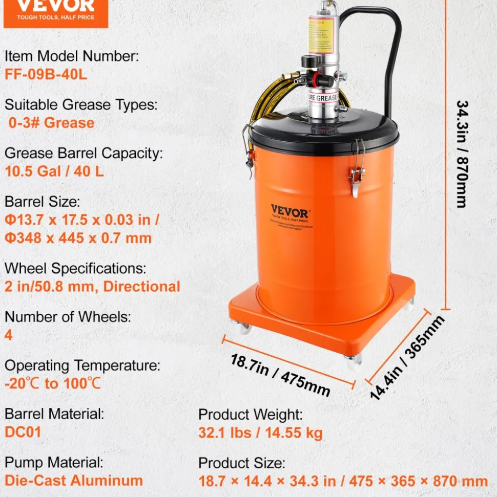 VEVOR Grease Pump, 10.5 Gallon 40L Air Operated Grease Pump with 13 ft High Pressure Hose and Grease Gun, Pneumatic Grease Bucket Pump with Wheels, Portable Lubrication Grease Pump 50:1 Pressure Ratio