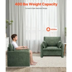 VEVOR Green Accent Chair, Modern Upholstered Accent Chair with Armrests, Cloth Arm Chairs with Thick Cushion and Arched Backrest, Single Fabric Armchair for Living Room, Bedroom, Study, Office