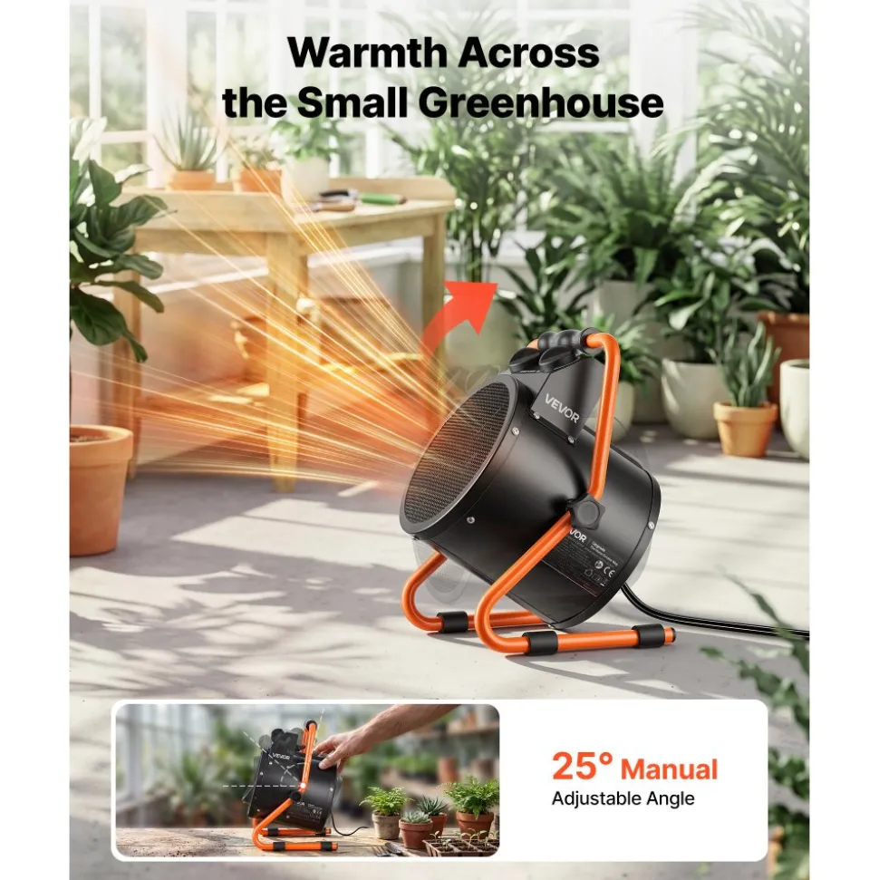 VEVOR Greenhouse Heater, 1500W Electric Space Heater with Fan & High Heat Modes, IPX4 Protection, 25° Adjustable Angle, Overheat Protection, for Grow Tent, Small Greenhouse, Flower Room, Home Office
