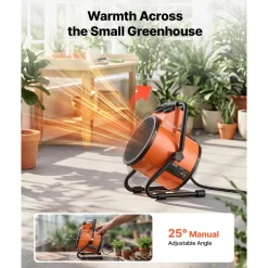 VEVOR Greenhouse Heater, 1500W Electric Space Heater with Thermostat, Heating Tube Element, 25° Adjustable Angle, IPX4 & Overheat Protection, Great for Grow Tent, Greenhouse, Flower Room, Home Office