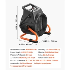 VEVOR Greenhouse Heater, 1500W Electric PTC Space Heater with Thermostat, Fan, Low & High Heat Modes, 15° Adjustable Angle, Overheat Protection, for Grow Tent, Greenhouse, Flower Room, Home Office