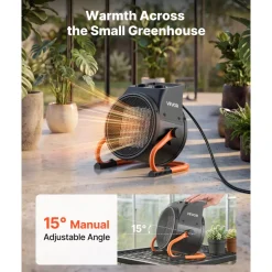 VEVOR Greenhouse Heater, 1500W Electric PTC Space Heater with Thermostat, Fan, Low & High Heat Modes, 15° Adjustable Angle, Overheat Protection, for Grow Tent, Greenhouse, Flower Room, Home Office