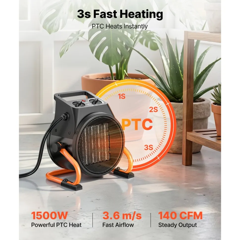 VEVOR Greenhouse Heater, 1500W Electric PTC Space Heater with Fan, Low & High Heat Modes, 15° Adjustable Angle, Overheat Protection, Portable for Grow Tent, Small Greenhouse, Flower Room, Home Office