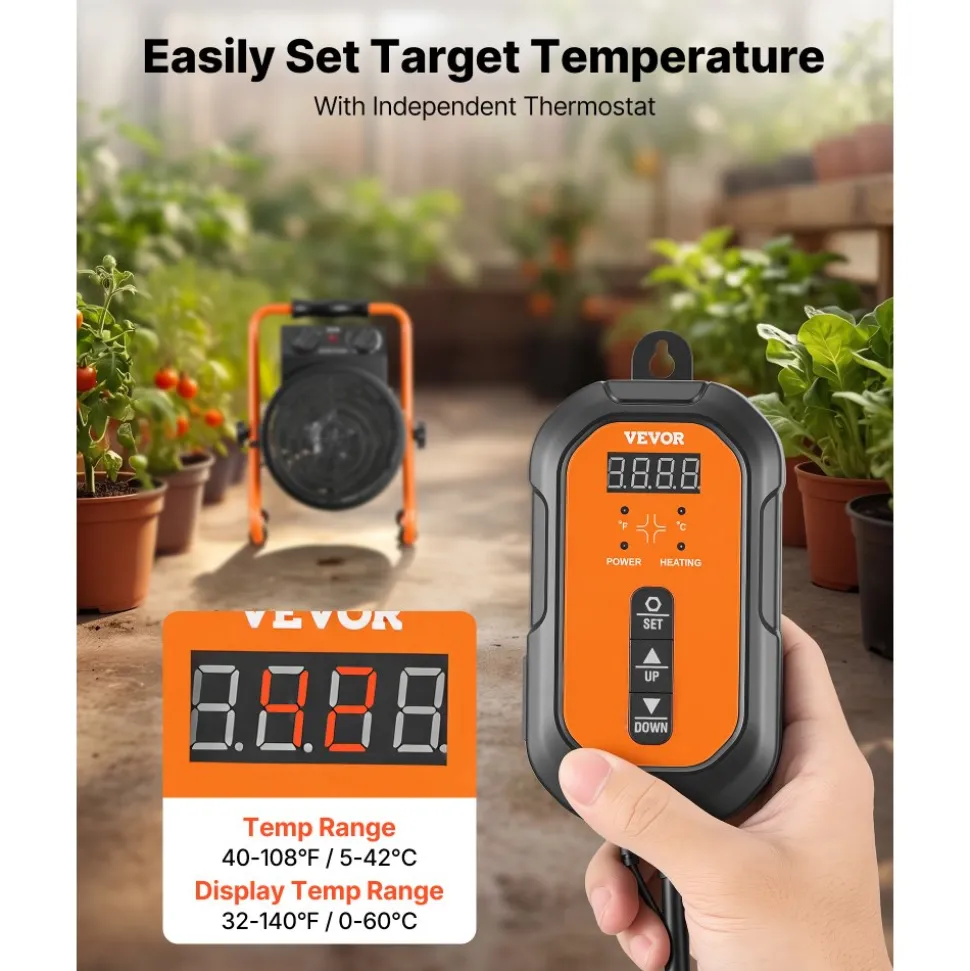 VEVOR Greenhouse Heater, 1500W Electric Space Heater with Thermostat, Fan & High Heat Modes, 25° Adjustable Angle, IPX4 & Overheat Protection, for Grow Tent, Greenhouse, Flower Room, Home Office