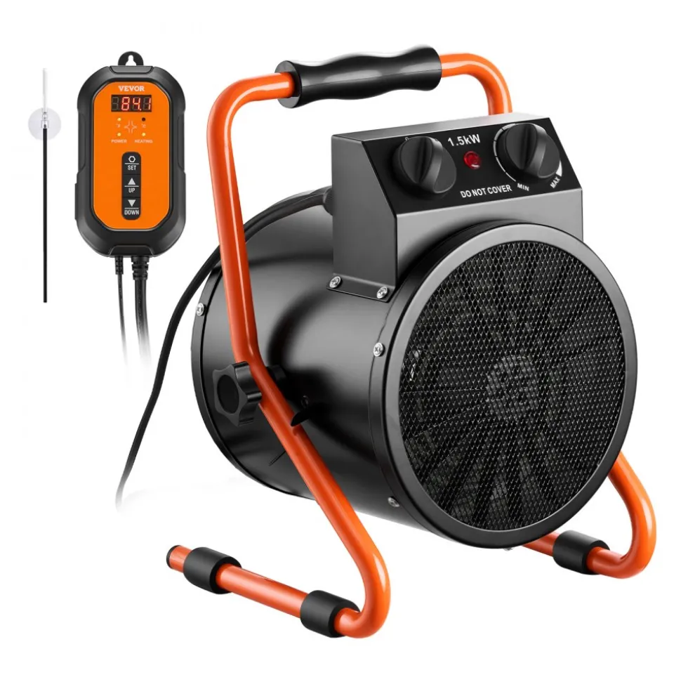 VEVOR Greenhouse Heater, 1500W Electric Space Heater with Thermostat, Fan & High Heat Modes, 25° Adjustable Angle, IPX4 & Overheat Protection, for Grow Tent, Greenhouse, Flower Room, Home Office