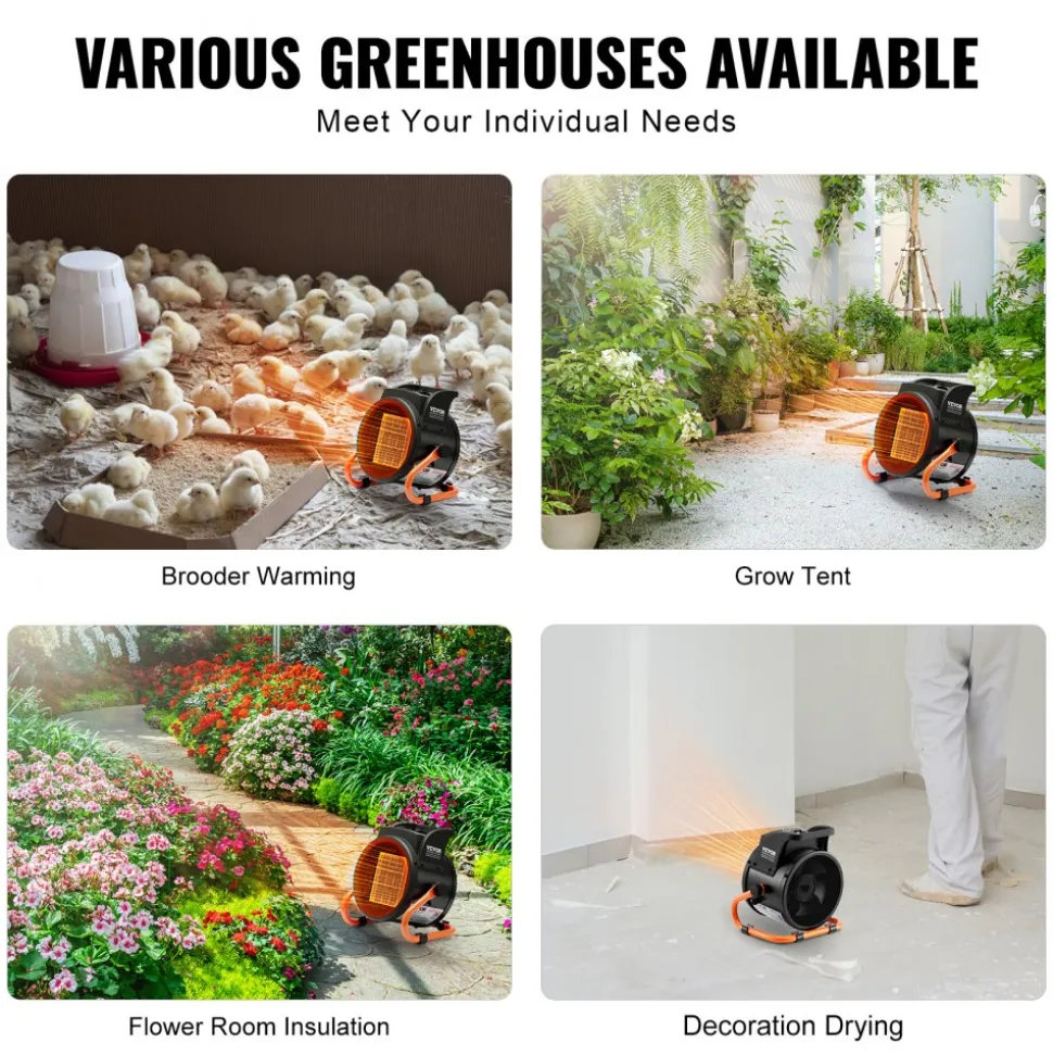 VEVOR Greenhouse Heater with Thermostat, 1500W PTC Fast Heating with Overheat Protection, 3-Speed Setting Small Grow Tent Heater, Electric Portable Heater Fan for Green House, Flower Room, Workplace