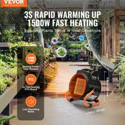 VEVOR Greenhouse Heater with Thermostat, 1500W PTC Fast Heating with Overheat Protection, 3-Speed Setting Small Grow Tent Heater, Electric Portable Heater Fan for Green House, Flower Room, Workplace