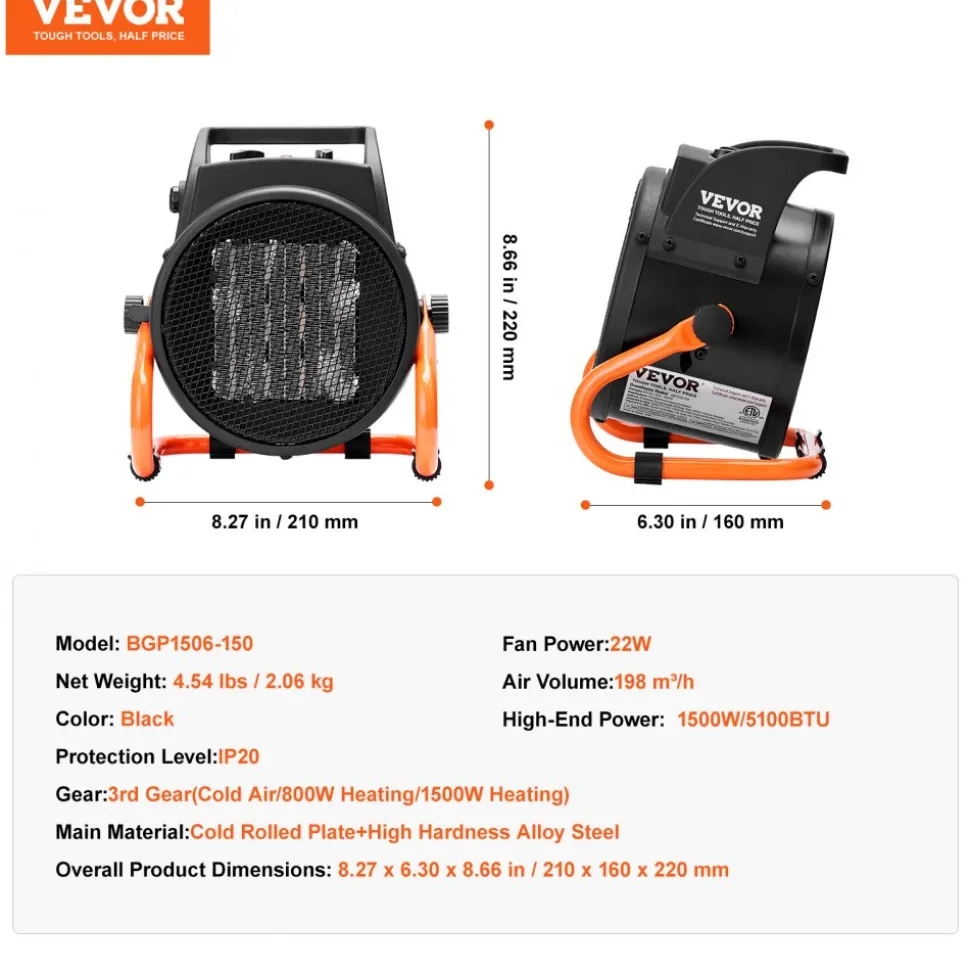 VEVOR Greenhouse Heater with Thermostat, 1500W PTC Fast Heating with Overheat Protection, 3-Speed Setting Small Grow Tent Heater, Electric Portable Heater Fan for Green House, Flower Room, Workplace