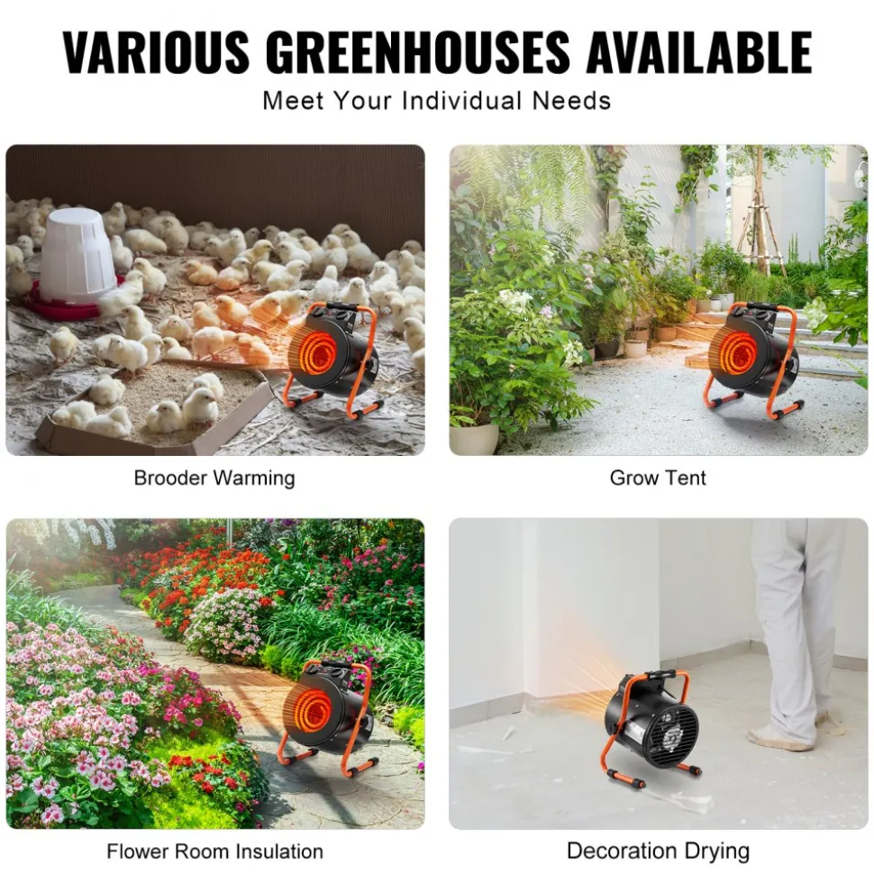 VEVOR Greenhouse Heater with Thermostat, 1500W Fast Heating with Overheat Protection, 2-Speed Setting Small Grow Tent Heater, Electric Portable Heater Fan for Green House, Flower Room, Workplace