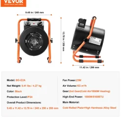 VEVOR Greenhouse Heater with Thermostat, 1500W Fast Heating with Overheat Protection, 2-Speed Setting Small Grow Tent Heater, Electric Portable Heater Fan for Green House, Flower Room, Workplace