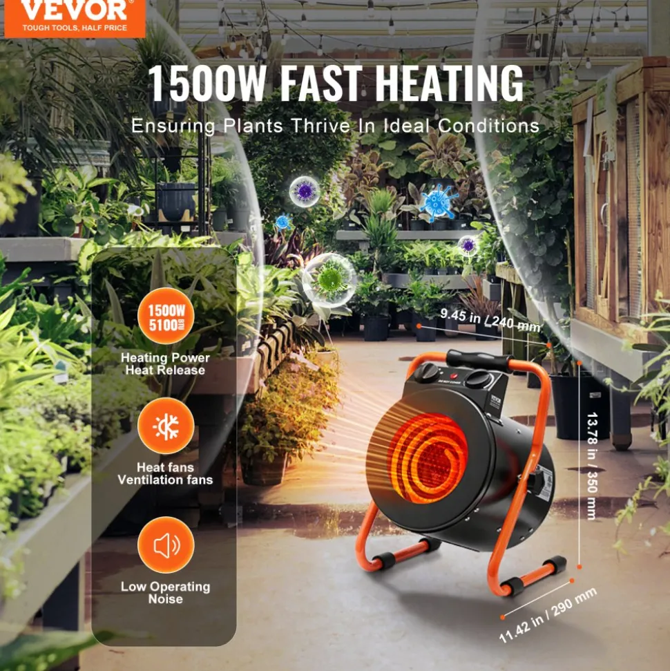 VEVOR Greenhouse Heater with Thermostat, 1500W Fast Heating with Overheat Protection, 2-Speed Setting Small Grow Tent Heater, Electric Portable Heater Fan for Green House, Flower Room, Workplace