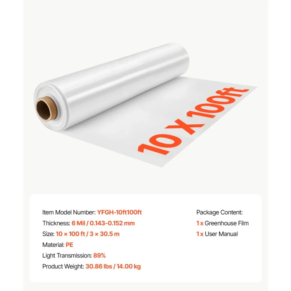 VEVOR Greenhouse Plastic Sheeting 10 x 100 ft 6 Mil Clear Polyethylene Film, for Farms Agriculture Garden Outdoor Plant, Water Sun Frost Wind Dust Resistant, Heavy Duty Thick Winter Hoop House Cover