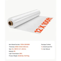 VEVOR Greenhouse Plastic Sheeting 12 x 100 ft 6 Mil Clear Polyethylene Film, for Farms Agriculture Garden Outdoor Plant, Water Sun Frost Wind Dust Resistant, Heavy Duty Thick Winter Hoop House Cover