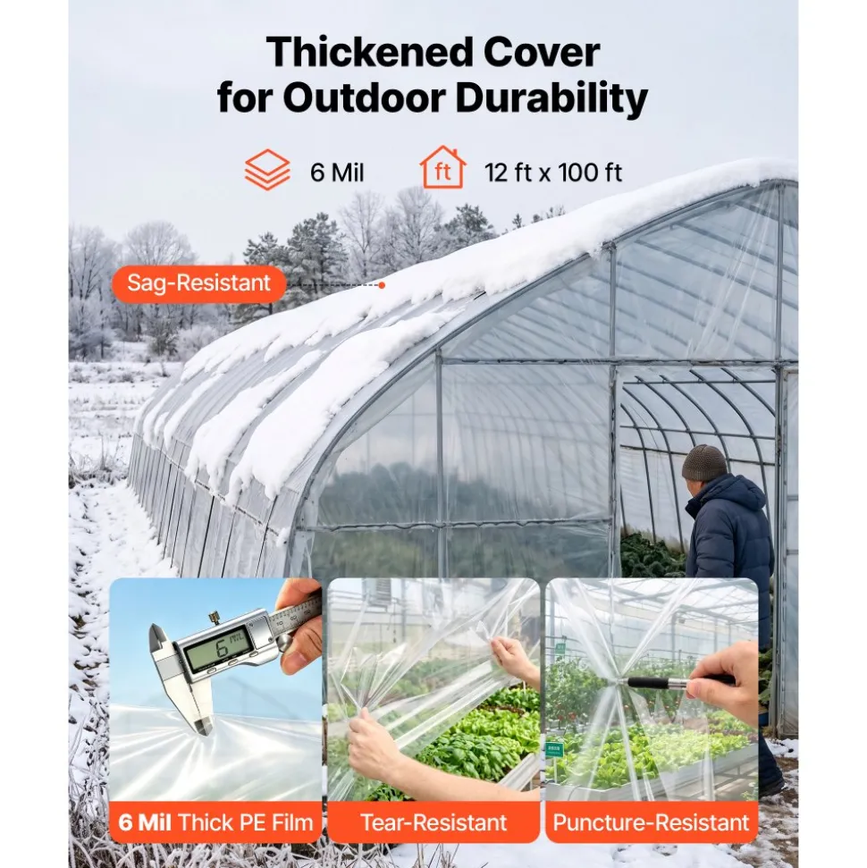 VEVOR Greenhouse Plastic Sheeting 12 x 100 ft 6 Mil Clear Polyethylene Film, for Farms Agriculture Garden Outdoor Plant, Water Sun Frost Wind Dust Resistant, Heavy Duty Thick Winter Hoop House Cover