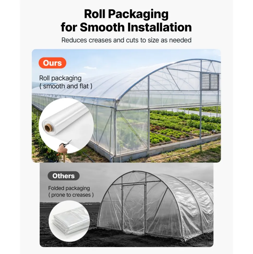VEVOR Greenhouse Plastic Sheeting 12 x 100 ft 6 Mil Clear Polyethylene Film, for Farms Agriculture Garden Outdoor Plant, Water Sun Frost Wind Dust Resistant, Heavy Duty Thick Winter Hoop House Cover