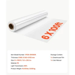 VEVOR Greenhouse Plastic Sheeting 24 x 100 ft 5 Mil Clear Polyethylene Film, for Farms Agriculture Garden Outdoor Plant, Water Sun Frost Wind Dust Resistant, Heavy Duty Thick Winter Hoop House Cover