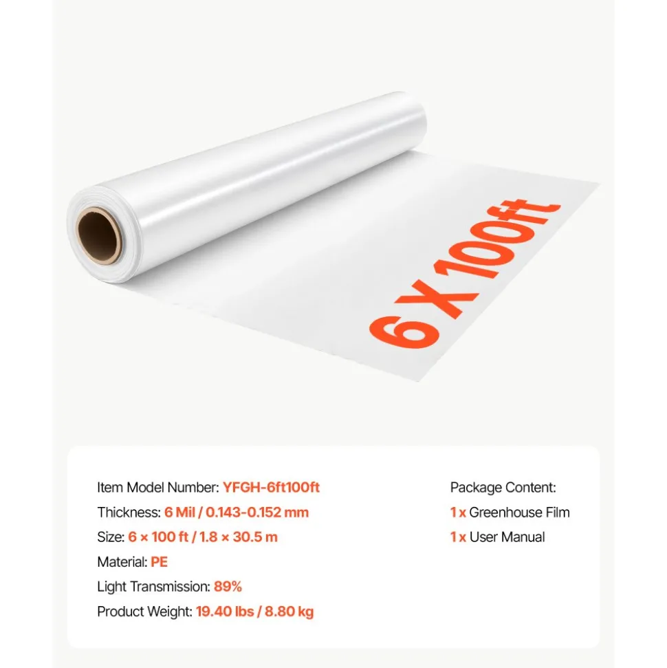 VEVOR Greenhouse Plastic Sheeting 24 x 100 ft 5 Mil Clear Polyethylene Film, for Farms Agriculture Garden Outdoor Plant, Water Sun Frost Wind Dust Resistant, Heavy Duty Thick Winter Hoop House Cover