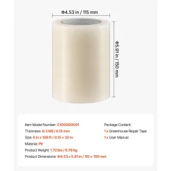 VEVOR Greenhouse Repair Tape 6 in x 108 ft 6.3 Mil Clear Polyethylene Patch, for Plastic Sheeting & Tent Seaming Sealing, Waterproof & Sun-Resistant, Heavy Duty Greenhouse Sheeting Coverings Film Tape