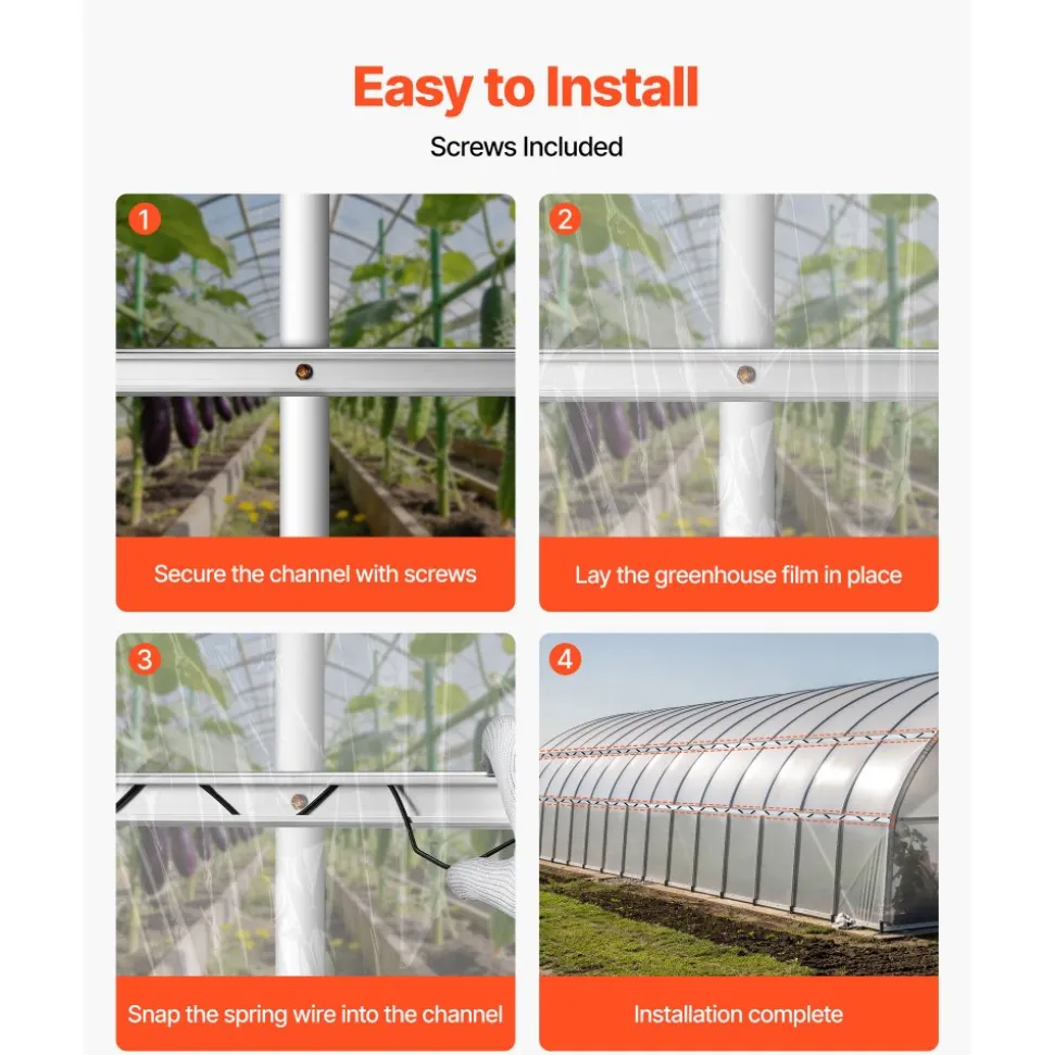 VEVOR Greenhouse Spring Wire and Lock Channel, 30 Packs 6.56 ft PVC-Coated Wiggle Wire & Aluminum Alloy Channel Bundle Kit with Included Screws, 0.05 in Thickened, Poly Film & Shade Cloth Attachments