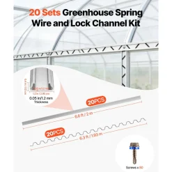 VEVOR Greenhouse Spring Wire and Lock Channel, 20 Packs 6.56 ft PVC-Coated Wiggle Wire & Aluminum Alloy Channel Bundle Kit with Included Screws, 0.05 in Thickened, Poly Film & Shade Cloth Attachments