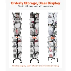 VEVOR Greeting Cards Display Rack, 32 Pockets Rotating Postcard Brochure Display Stand, 360° Spinning Card Display Rack with Sign Holder & 4 Wheels (2 Lockable) for Exhibitions Office Trade Show