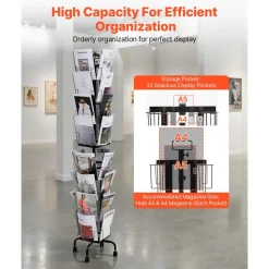 VEVOR Greeting Cards Display Rack, 32 Pockets Rotating Postcard Brochure Display Stand, 360° Spinning Card Display Rack with Sign Holder & 4 Wheels (2 Lockable) for Exhibitions Office Trade Show