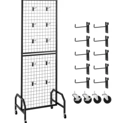 VEVOR Grid Wall Panel, 1.9 x 5.4 ft Wire Grid Panels Display Rack, Movable Art Display Shelf with Wheels and 10 Hooks, Black Carbon Steel Gridwall for Craft Show, Decoration, Storage, Notice Board