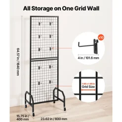 VEVOR Grid Wall Panel, 1.9 x 5.4 ft Wire Grid Panels Display Rack, Movable Art Display Shelf with Wheels and 10 Hooks, Black Carbon Steel Gridwall for Craft Show, Decoration, Storage, Notice Board