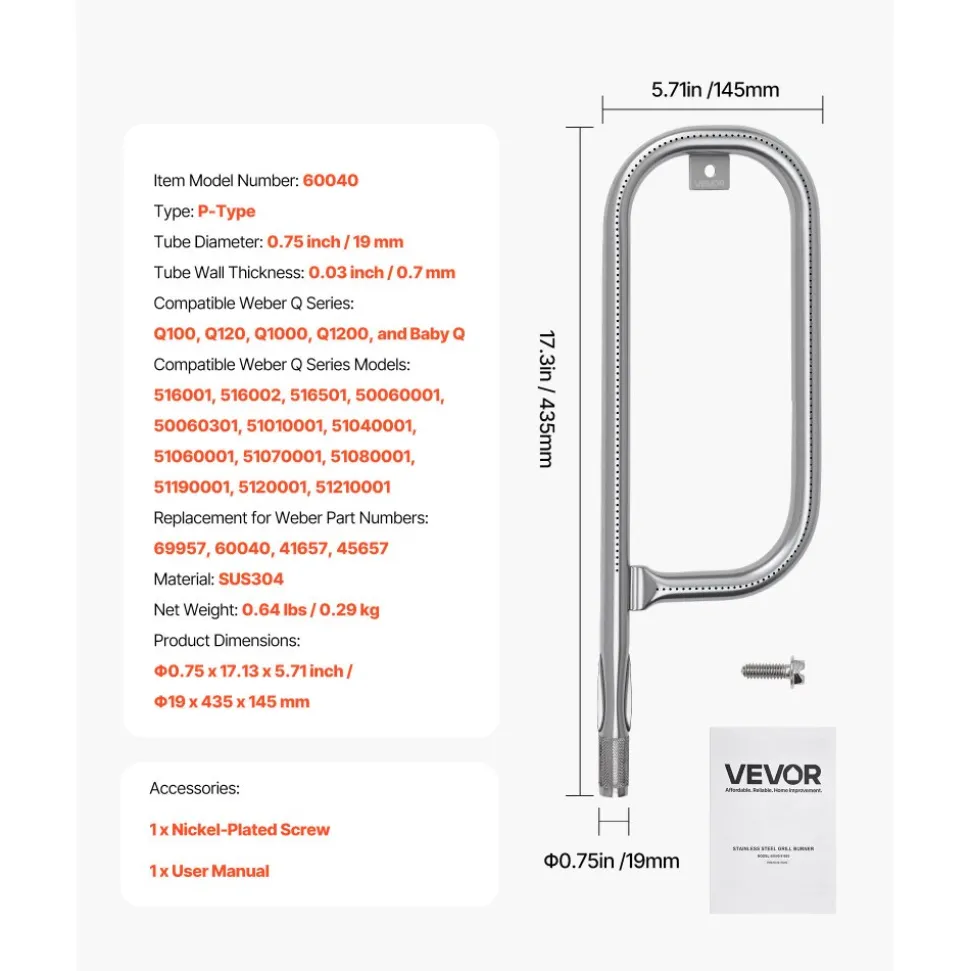 VEVOR Grill Burner Tube for Weber Q100, Q120, Q1000, Q1200, Baby Q Gas Grills, 17 inch 304 Stainless Steel Tube Burner for Weber 516001, 516002, 50060001, Replacement Part 69957, 60040, 41657, 45657