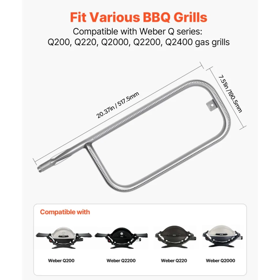 VEVOR Grill Burner Tube for Weber Q3200, Q300 (2013 & earlier), Q320, Q3000 (2014 & newer), 23.75 inch 304 Stainless Steel Tube Burner for Weber 404341, 57060001, 586002, Replacement Part 60036, 80385