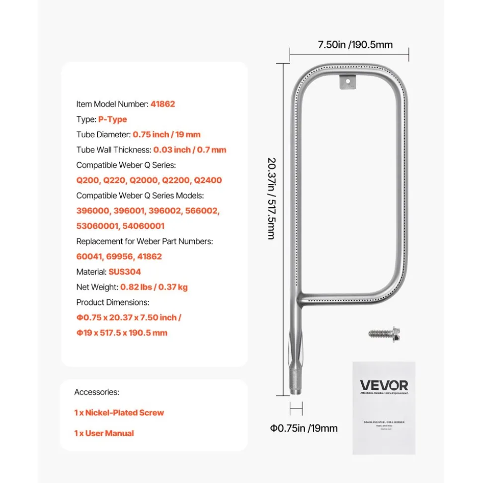 VEVOR Grill Burner Tube for Weber Q3200, Q300 (2013 & earlier), Q320, Q3000 (2014 & newer), 23.75 inch 304 Stainless Steel Tube Burner for Weber 404341, 57060001, 586002, Replacement Part 60036, 80385