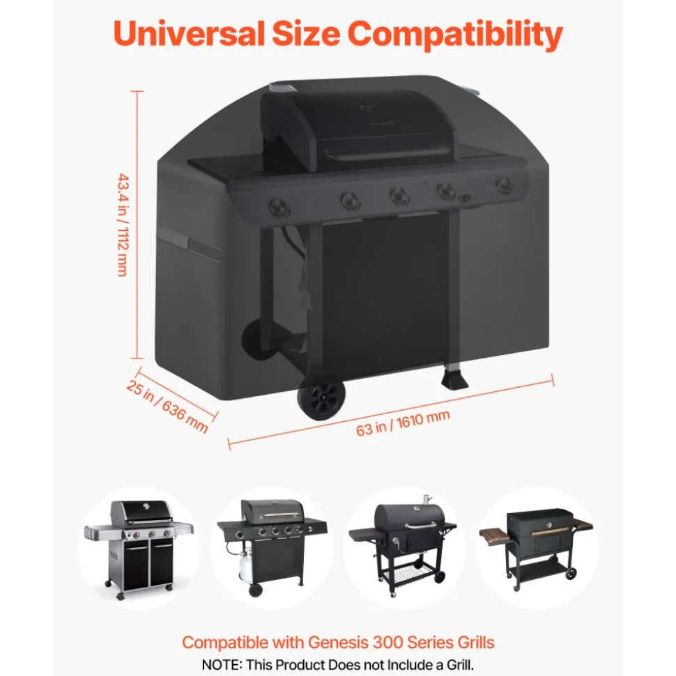 VEVOR Grill Cover, 63 inch BBQ Covers for Outdoor Grills, Waterproof, Fade Resistant, Weather Resistant Heavy Duty 600D Polyester, Easy On/Off, with Hook-and-Loop Straps, Black