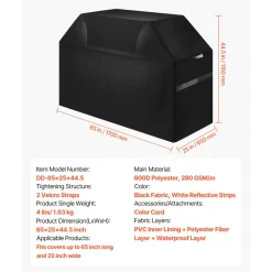 VEVOR Grill Cover, 65 inch BBQ Covers for Outdoor Grills, Waterproof, Fade Resistant, Weather Resistant Heavy Duty 600D Polyester, Easy On/Off, with Hook-and-Loop Straps, Black