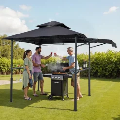 VEVOR Grill Gazebo, 8 x 5 ft Double-Tiered Top, Reinforced BBQ Gazebo with Extra Awning, Powder-Coated Steel Patio Grill Shelter with 2 Side Shelves & Hooks, Outdoor Grilling Canopy for Garden
