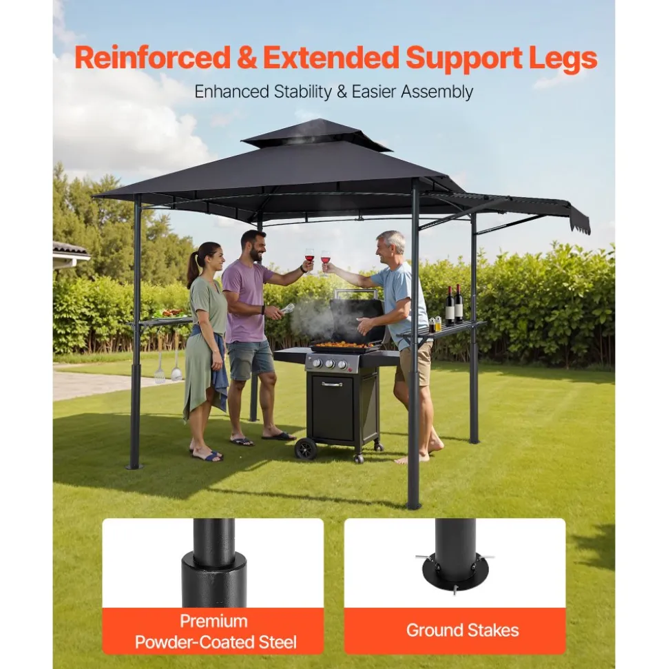 VEVOR Grill Gazebo, 8 x 5 ft Double-Tiered Top, Reinforced BBQ Gazebo with Extra Awning, Powder-Coated Steel Patio Grill Shelter with 2 Side Shelves & Hooks, Outdoor Grilling Canopy for Garden