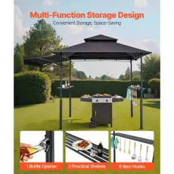 VEVOR Grill Gazebo, 8 x 5 ft Double-Tiered Top, Reinforced BBQ Gazebo with Extra Awning, Powder-Coated Steel Patio Grill Shelter with 2 Side Shelves & Hooks, Outdoor Grilling Canopy for Garden