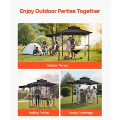 VEVOR Grill Gazebo, 8 x 5 ft Double-Tiered Top, Reinforced BBQ Gazebo with Extra Awning, Powder-Coated Steel Patio Grill Shelter with 2 Side Shelves & Hooks, Outdoor Grilling Canopy for Garden