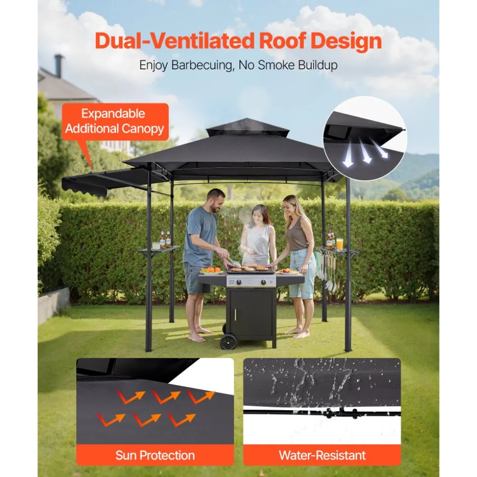 VEVOR Grill Gazebo, 8 x 5 ft Double-Tiered Top, Reinforced BBQ Gazebo with Extra Awning, Powder-Coated Steel Patio Grill Shelter with 2 Side Shelves & Hooks, Outdoor Grilling Canopy for Garden