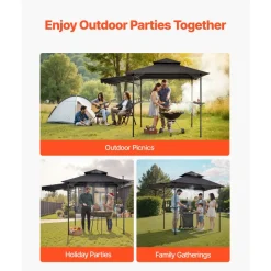 VEVOR Grill Gazebo, 8 x 5 ft Double-Tiered Top, BBQ Gazebo with Extra Awning, Powder-Coated Steel Patio Grill Shelter with 2 Side Shelves, Bottle Opener & Hooks, Outdoor Grilling Canopy for Garden
