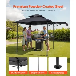 VEVOR Grill Gazebo, 8 x 5 ft Double-Tiered Top, BBQ Gazebo with Extra Awning, Powder-Coated Steel Patio Grill Shelter with 2 Side Shelves, Bottle Opener & Hooks, Outdoor Grilling Canopy for Garden