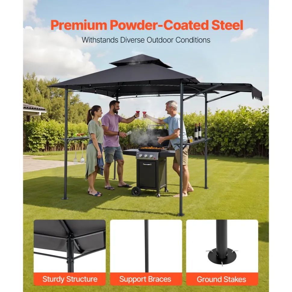 VEVOR Grill Gazebo, 8 x 5 ft Double-Tiered Top, BBQ Gazebo with Extra Awning, Powder-Coated Steel Patio Grill Shelter with 2 Side Shelves, Bottle Opener & Hooks, Outdoor Grilling Canopy for Garden