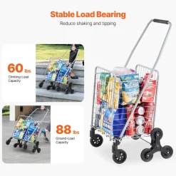 VEVOR Grocery Shopping Cart, 45L Stair Climbing Shopping Cart with 360° Rolling Swivel Wheels, Stair Climber Utility Cart with Tri-Wheels, Foldable Collapsible & Lightweight for Laundry Travel, Silver