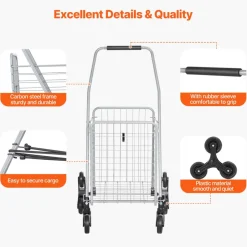 VEVOR Grocery Shopping Cart, 45L Stair Climbing Shopping Cart with 360° Rolling Swivel Wheels, Stair Climber Utility Cart with Tri-Wheels, Foldable Collapsible & Lightweight for Laundry Travel, Silver