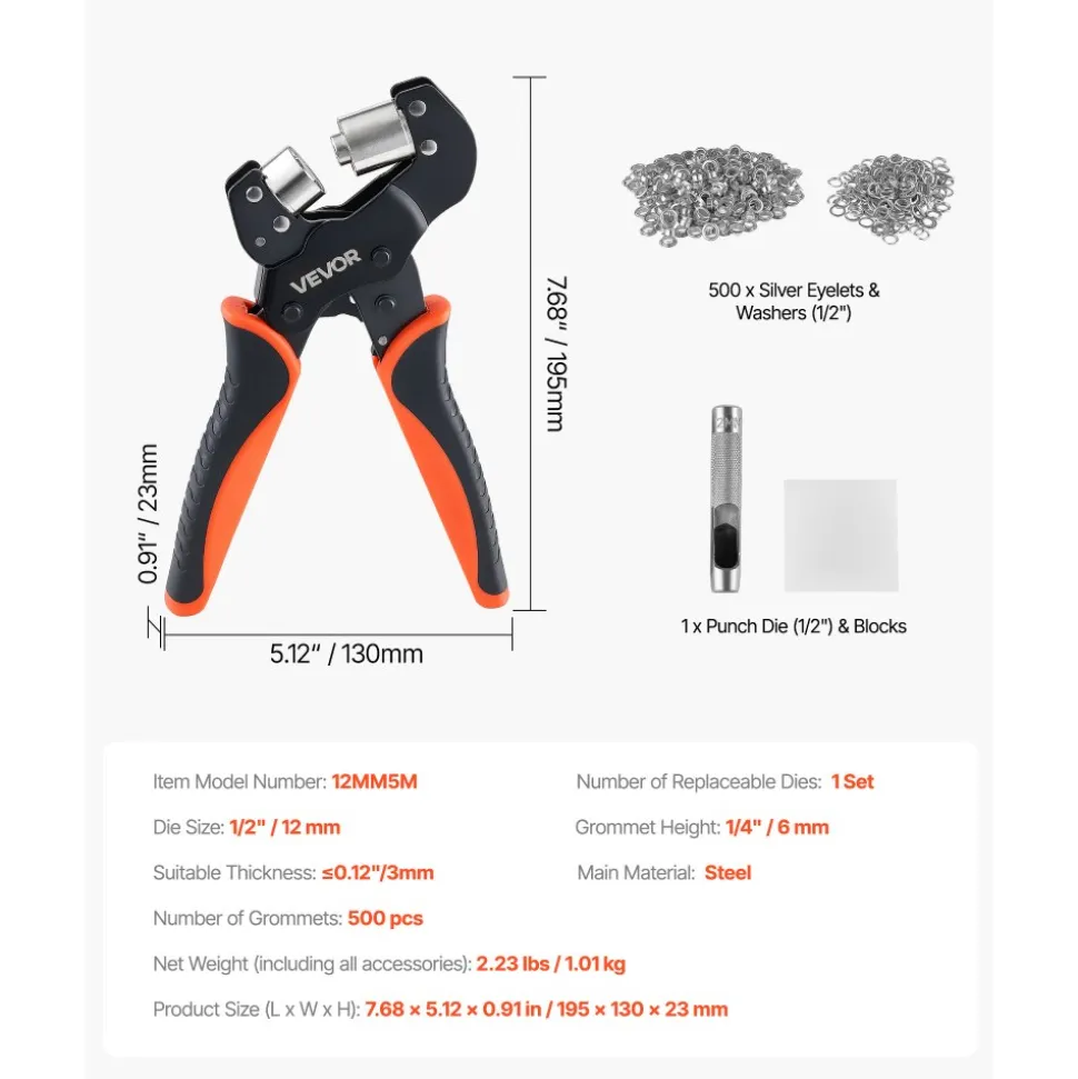 VEVOR Grommet Tool Kit 1/2" Eyelet Tool Kit with 500 PCS Silver Grommets, with Eyelets and Washers, Manual Grommet Press Pliers, Hole Punch, and Block, for Leather, Tarps, Shoes, Crafts, and Fabric