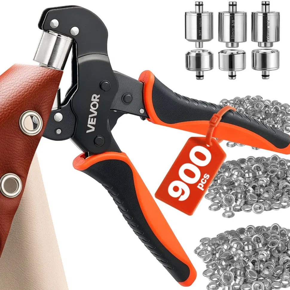 VEVOR Grommet Tool Kit 1/4" 3/8" 1/2" 900 PCS Grommets Eyelet Tool Kit, with Eyelets and Washers, Manual Grommet Press Pliers, Hole Punch Tools, Blocks, for Leather, Tarps, Shoes, Crafts, Fabric