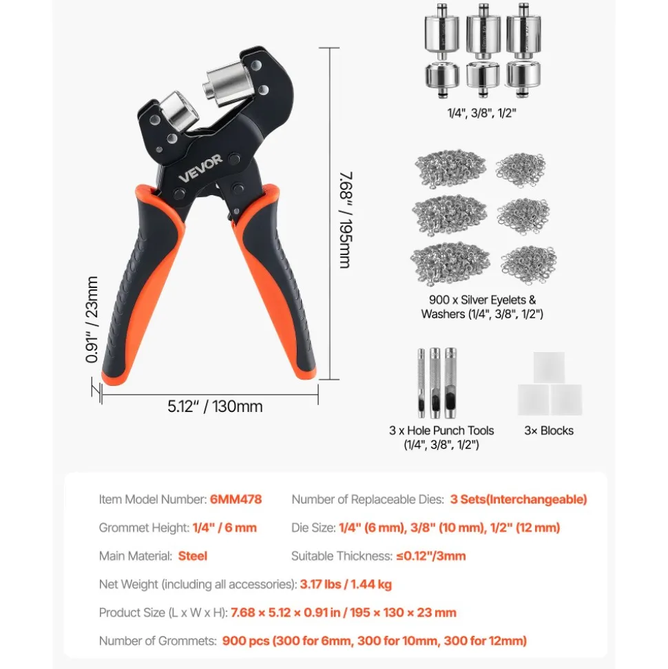 VEVOR Grommet Tool Kit 1/4" 3/8" 1/2" 900 PCS Grommets Eyelet Tool Kit, with Eyelets and Washers, Manual Grommet Press Pliers, Hole Punch Tools, Blocks, for Leather, Tarps, Shoes, Crafts, Fabric