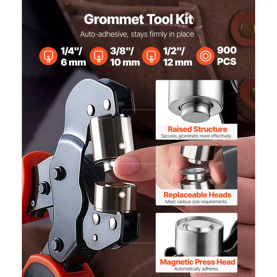 VEVOR Grommet Tool Kit 1/4" 3/8" 1/2" 900 PCS Grommets Eyelet Tool Kit, with Eyelets and Washers, Manual Grommet Press Pliers, Hole Punch Tools, Blocks, for Leather, Tarps, Shoes, Crafts, Fabric