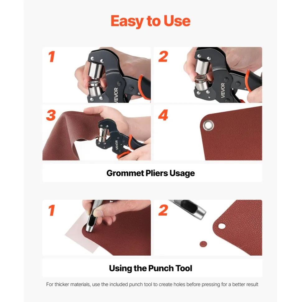VEVOR Grommet Tool Kit 1/4" 3/8" 1/2" 900 PCS Grommets Eyelet Tool Kit, with Eyelets and Washers, Manual Grommet Press Pliers, Hole Punch Tools, Blocks, for Leather, Tarps, Shoes, Crafts, Fabric